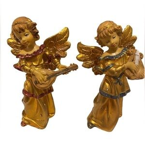 Pair of Vintage Golden Hand Painted Angel Musicians Made in Italy